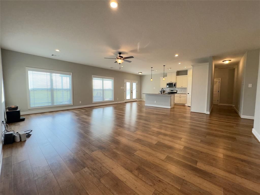 Empty room, Interior, Kitchen, Pendant Lights, Recessed Lighting, Wood Texture Flooring