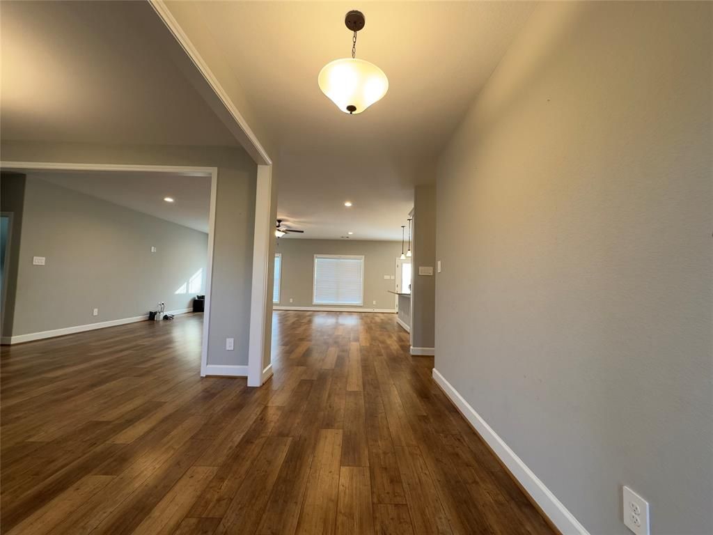 Empty room, Interior, Pendant Lights, Recessed Lighting, Wood Texture Flooring
