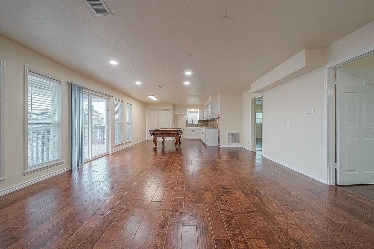 Billiard Table, Empty room, Game Room, Interior, Recessed Lighting, Wood Texture Flooring