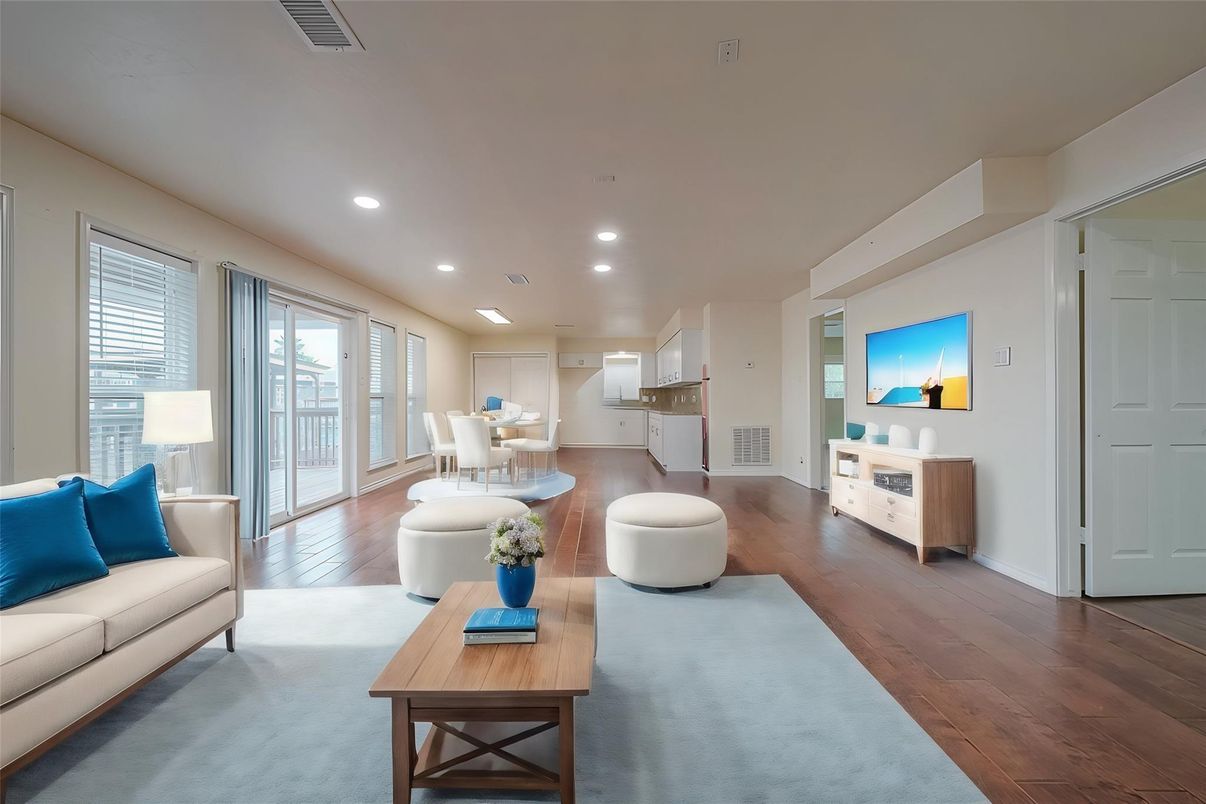 Dining room, Interior, Living room, Recessed Lighting, Wood Texture Flooring