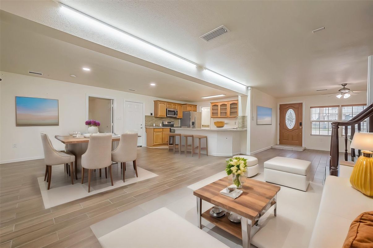 Dining room, Interior, Kitchen, Living room, Recessed Lighting, Wood Texture Flooring