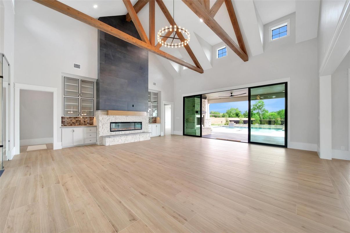 Empty room, Fireplace, Interior, Pendant Lights, Wooden Beams, Wood Texture Flooring