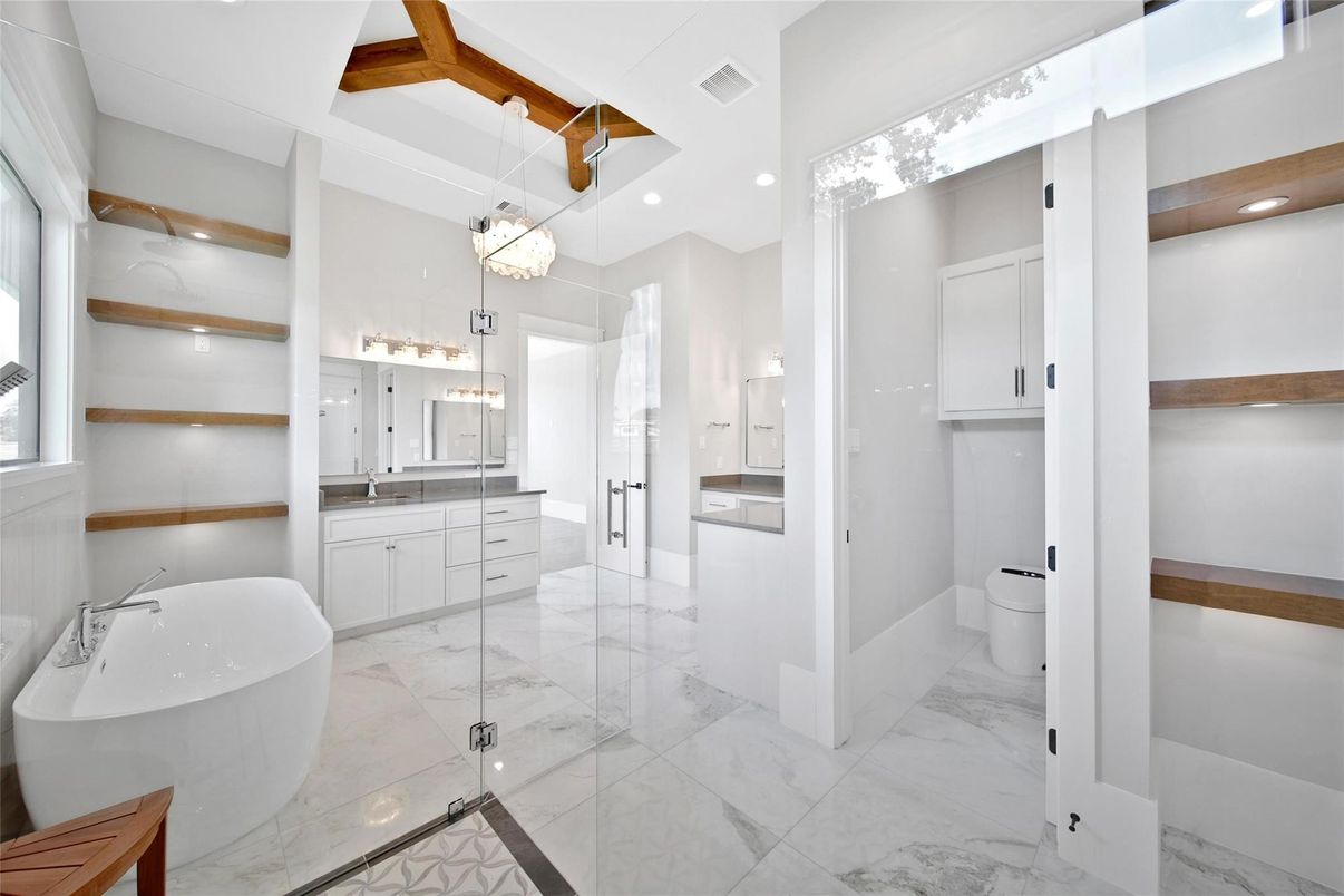 Bathroom, Dual Sink Vanities, Free Standing Baths, Glass Shower, Interior, Marble, Pendant Lights, Recessed Lighting, Wooden Beams