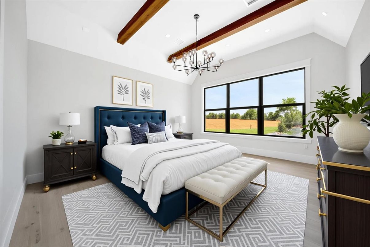 Bedroom, Chandelier, Interior, Pendant Lights, Recessed Lighting, Wooden Beams, Wood Texture Flooring
