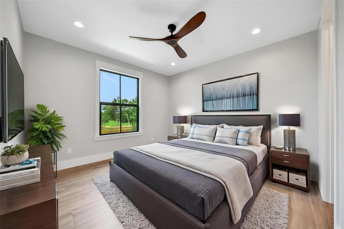 Bedroom, Interior, Recessed Lighting, Wood Texture Flooring