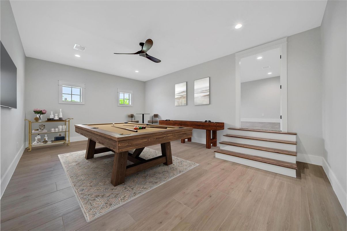 Billiard Table, Game Room, Interior, Recessed Lighting, Wood Texture Flooring