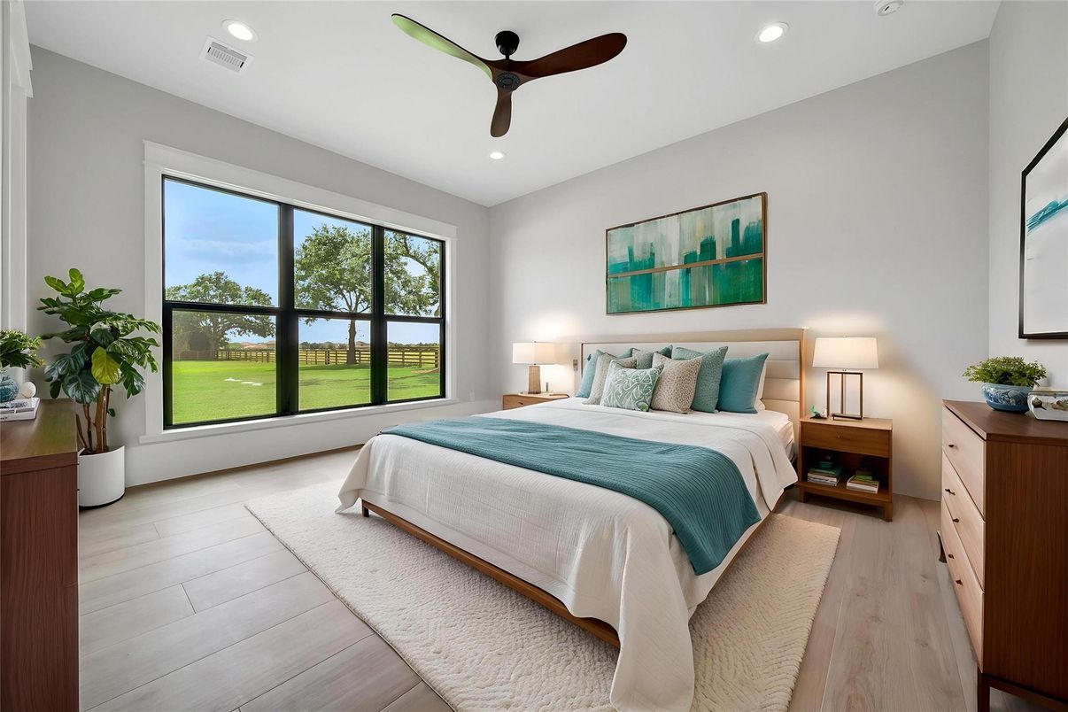 Bedroom, Interior, Recessed Lighting, Wood Texture Flooring