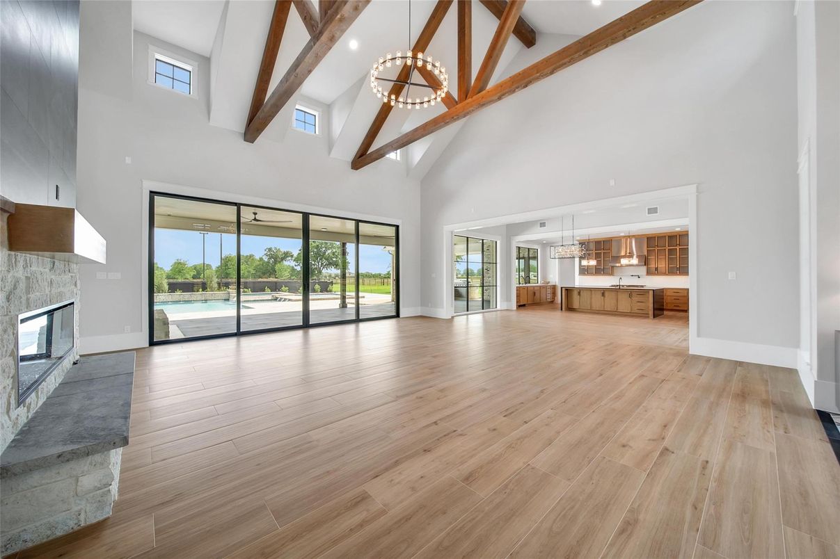 Empty room, Fireplace, Interior, Pendant Lights, Wooden Beams, Wood Texture Flooring