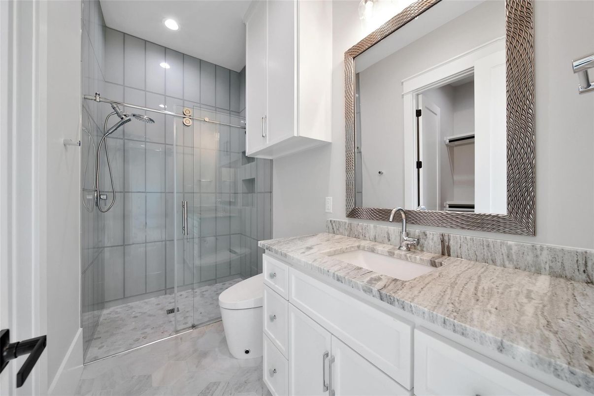 Bathroom, Glass Shower, Interior, Marble, Recessed Lighting