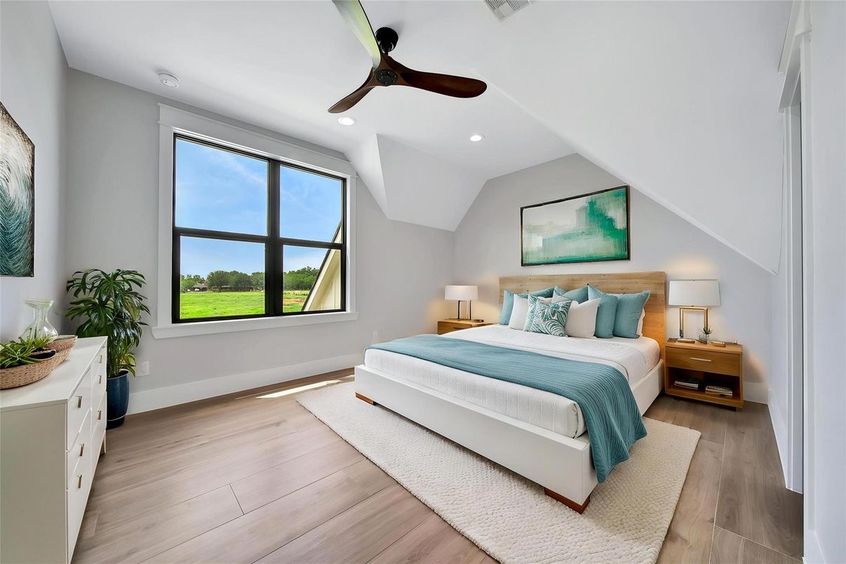 Bedroom, Interior, Recessed Lighting, Wood Texture Flooring