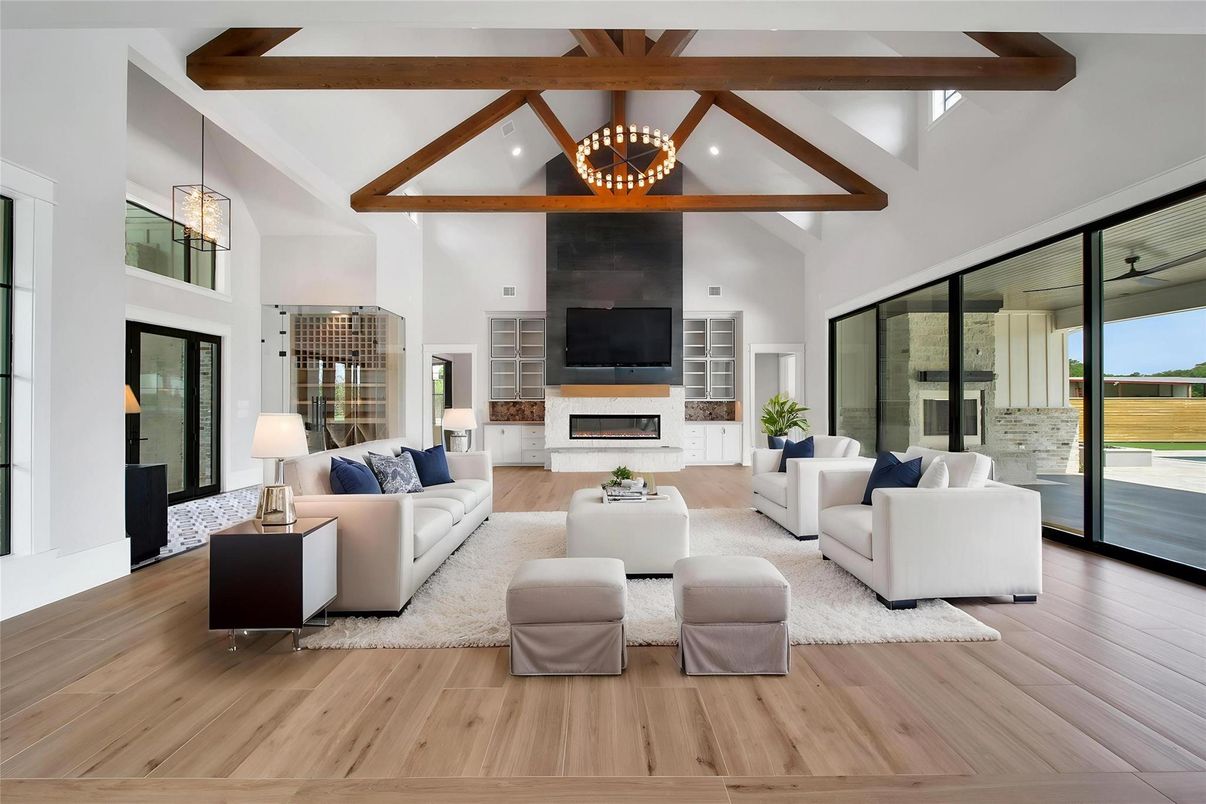 Fireplace, Interior, Living room, Pendant Lights, Recessed Lighting, Wooden Beams, Wood Texture Flooring