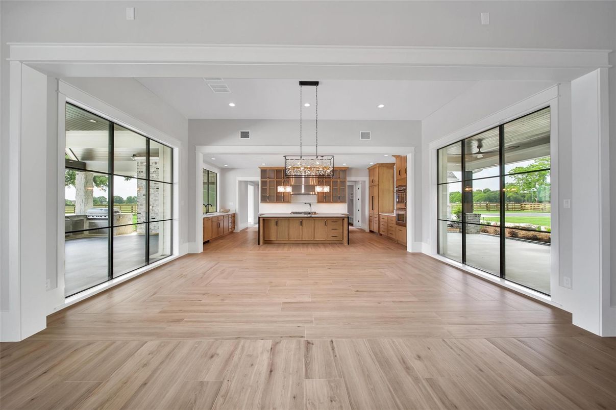 Chandelier, Interior, Kitchen, Recessed Lighting, Wood Texture Flooring