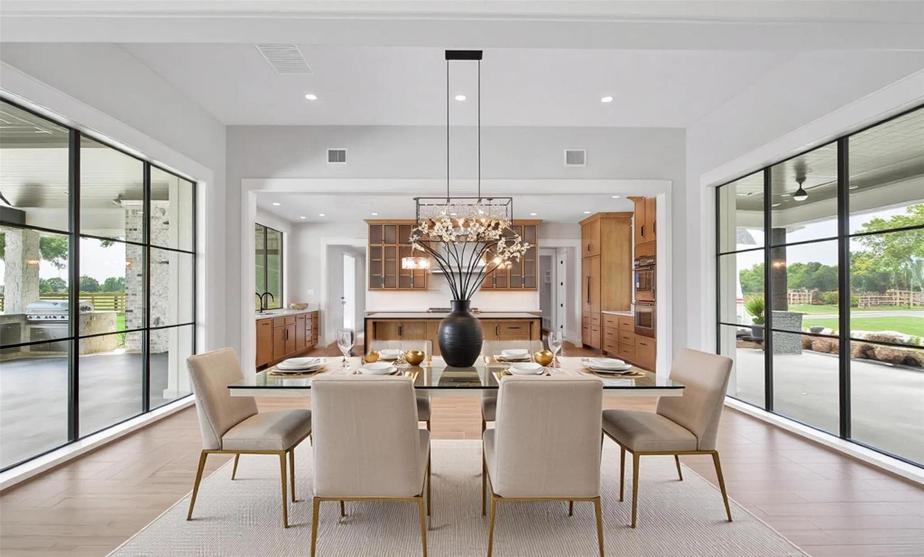 Dining room, Interior, Pendant Lights, Recessed Lighting, Wood Texture Flooring
