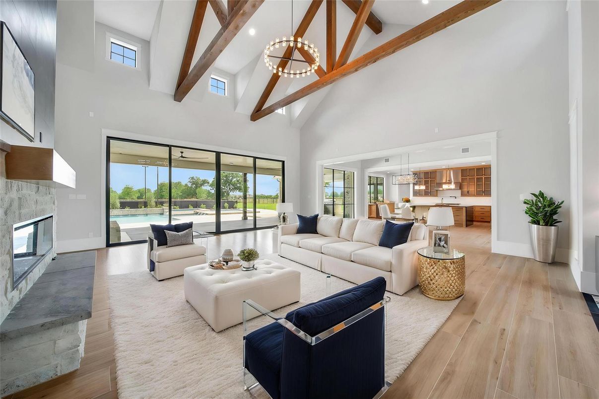 Fireplace, Interior, Living room, Pendant Lights, Recessed Lighting, Wooden Beams, Wood Texture Flooring