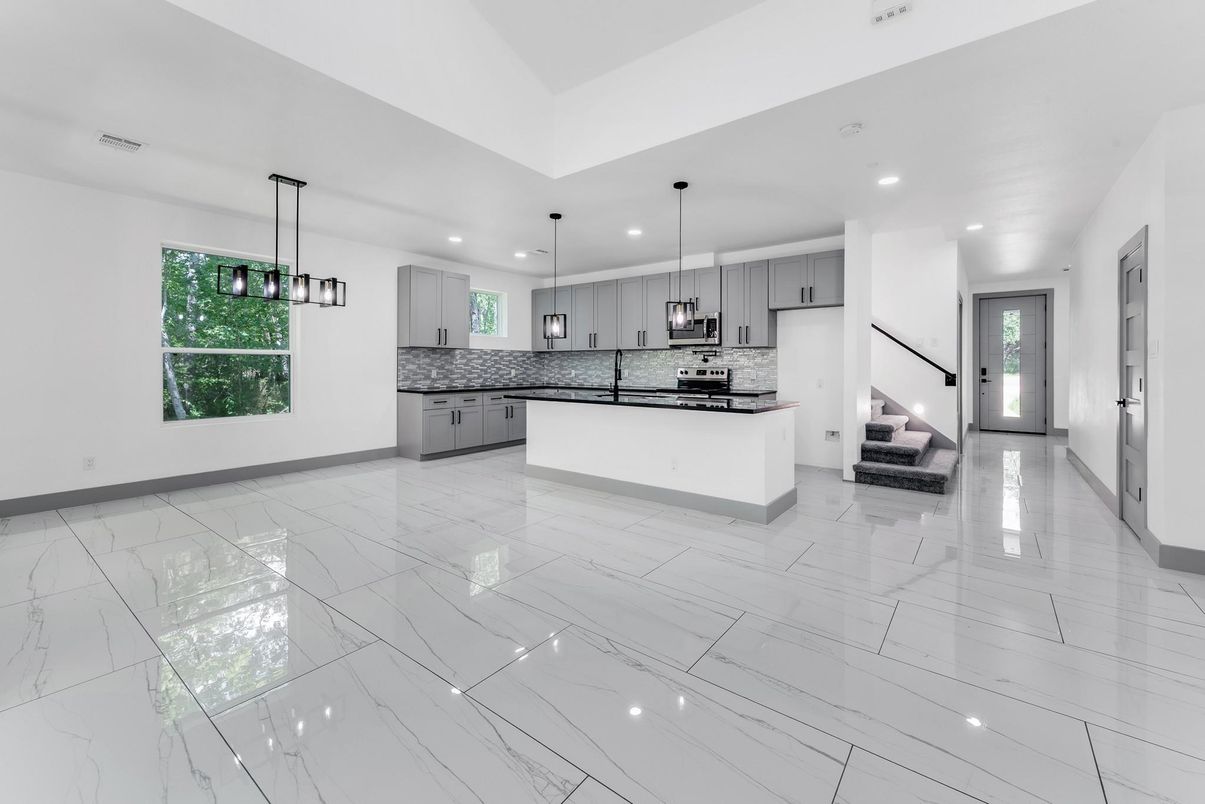 Interior, Kitchen, Marble, Pendant Lights, Recessed Lighting, Stainless Steel Appliances