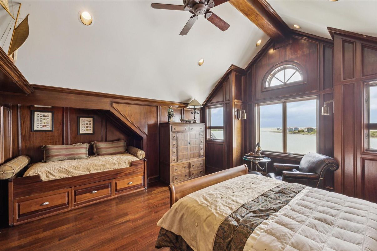 Bedroom, Interior, Recessed Lighting, Water, Wood Texture Flooring, Wooden Walls