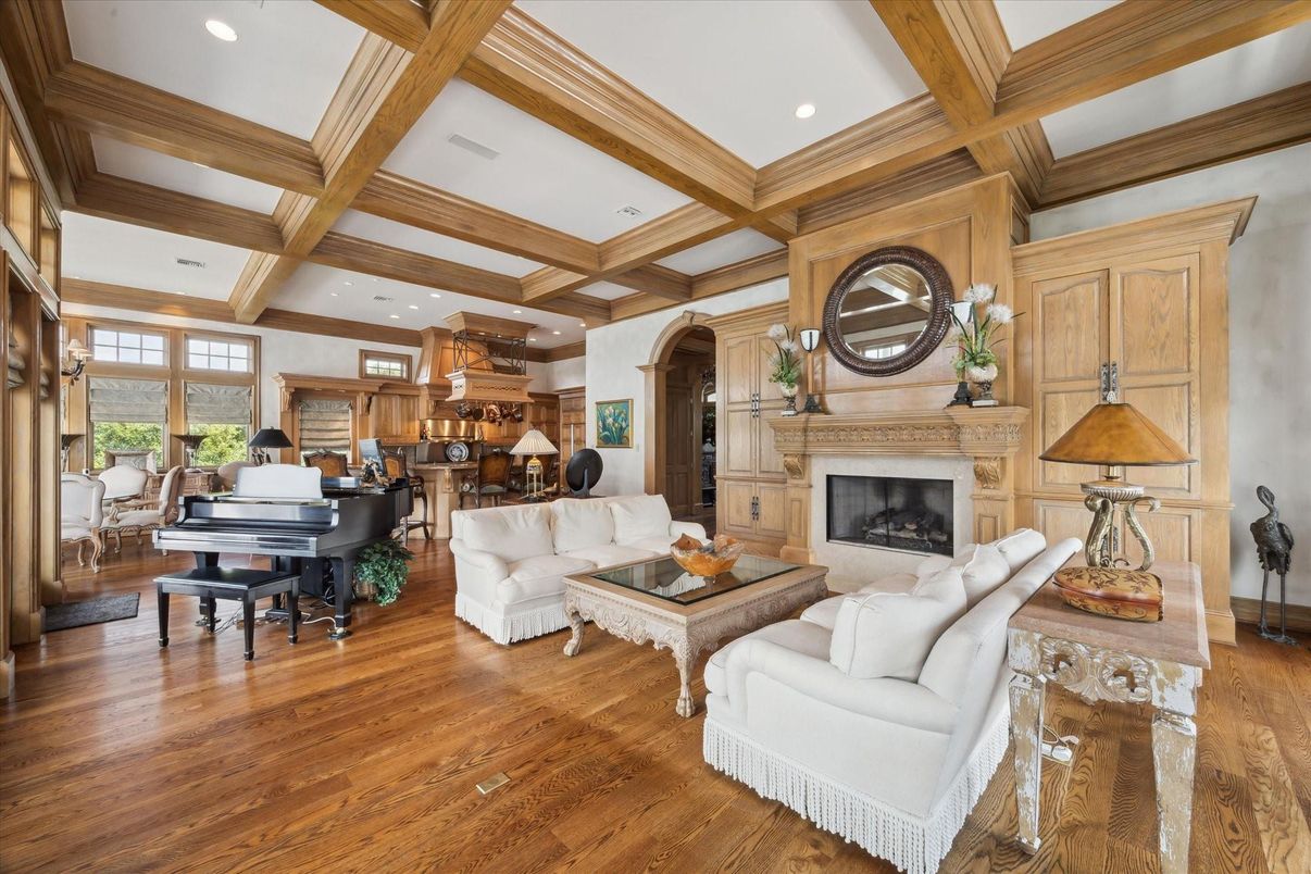 Fireplace, Interior, Kitchen, Living room, Piano, Recessed Lighting, Wooden Beams, Wood Texture Flooring