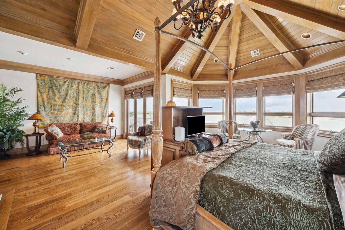 Bedroom, Chandelier, Interior, Recessed Lighting, Wooden Beams, Wooden Ceilings, Wood Texture Flooring