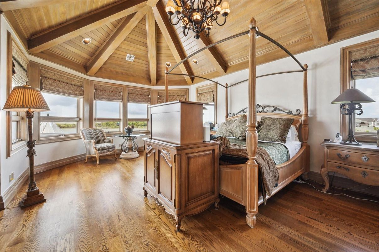 Bedroom, Chandelier, Interior, Recessed Lighting, Wooden Beams, Wooden Ceilings, Wood Texture Flooring
