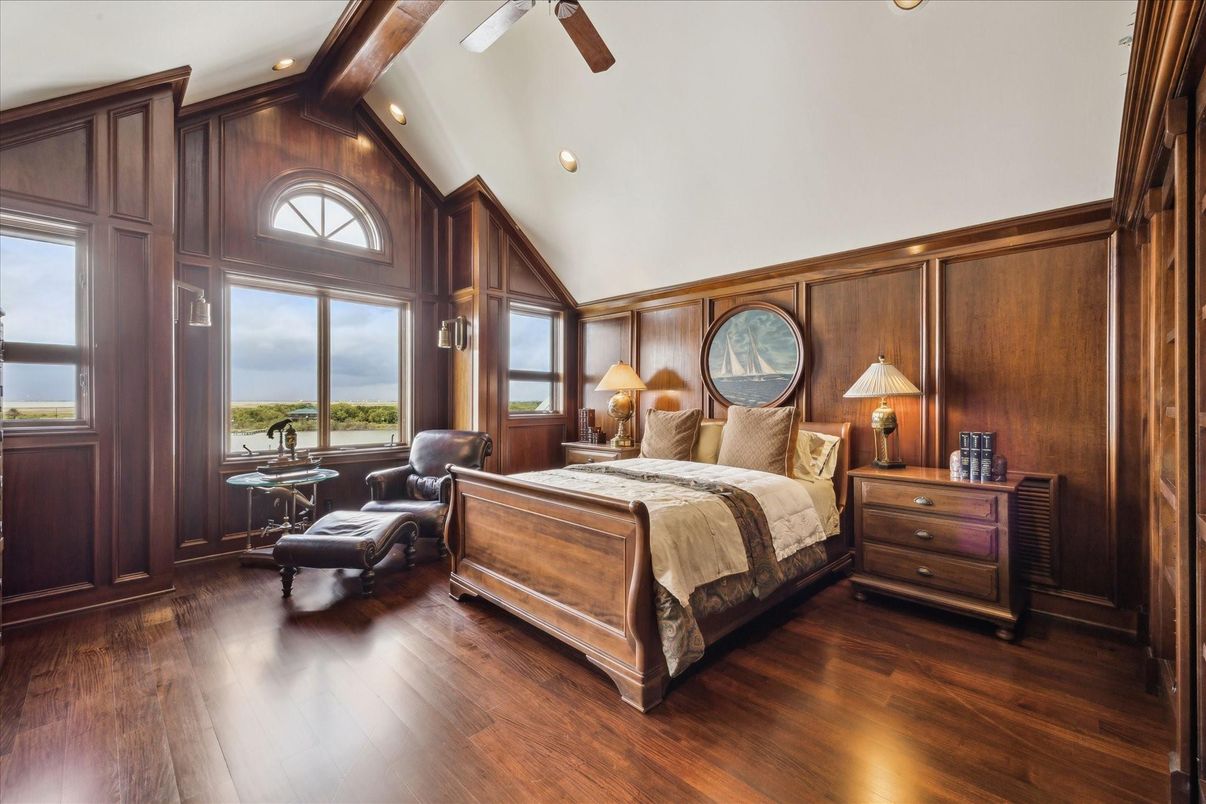 Bedroom, Interior, Recessed Lighting, Water, Wood Texture Flooring, Wooden Walls