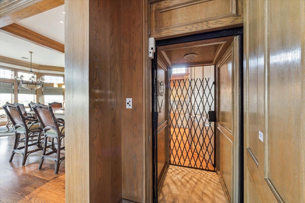Chandelier, Elevator, Interior, Wooden Ceilings, Wood Texture Flooring, Wooden Walls