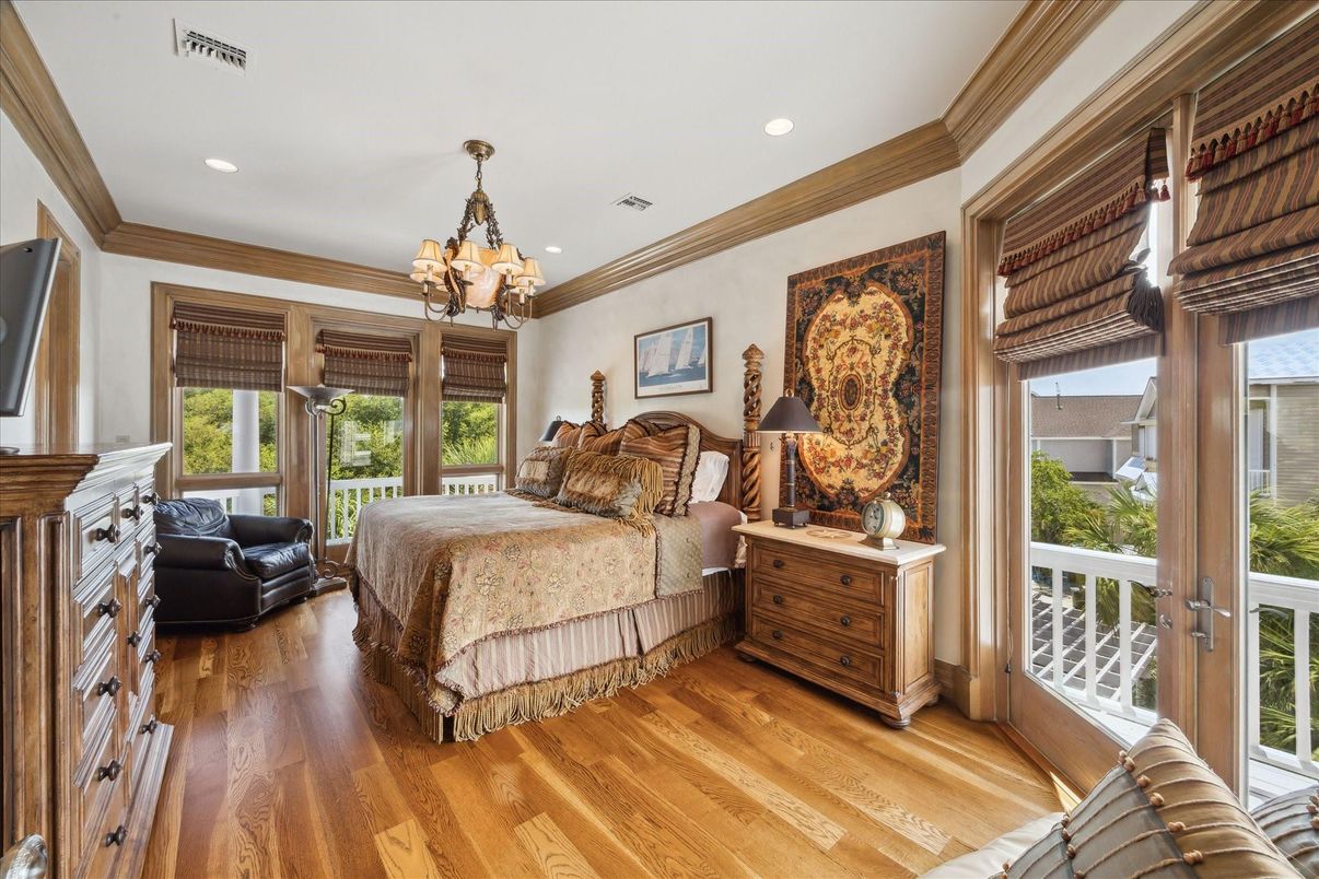 Bedroom, Chandelier, Interior, Recessed Lighting, Wood Texture Flooring