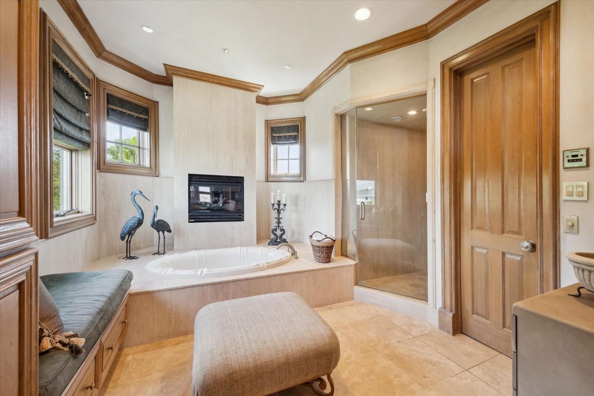 Bathroom, Fireplace, Glass Shower, Interior, Recessed Lighting