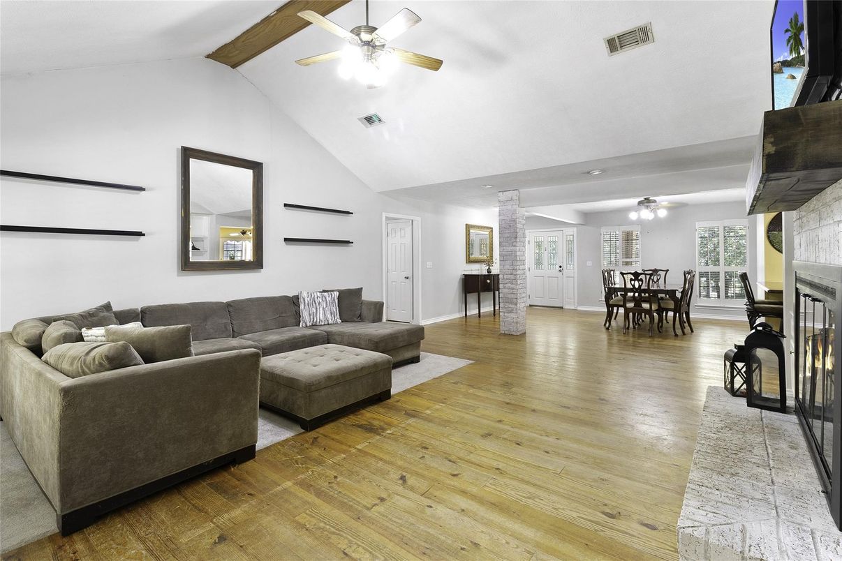 Dining room, Fireplace, Interior, Living room, Wooden Beams, Wood Texture Flooring