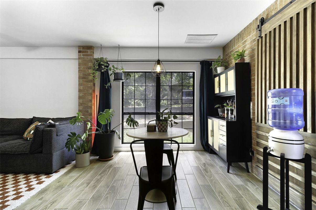 Interior, Pendant Lights, Stone Walls, Wood Texture Flooring
