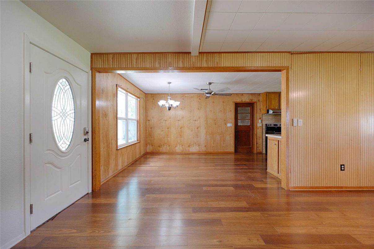 Chandelier, Empty room, Interior, Kitchen, Wood Texture Flooring, Wooden Walls