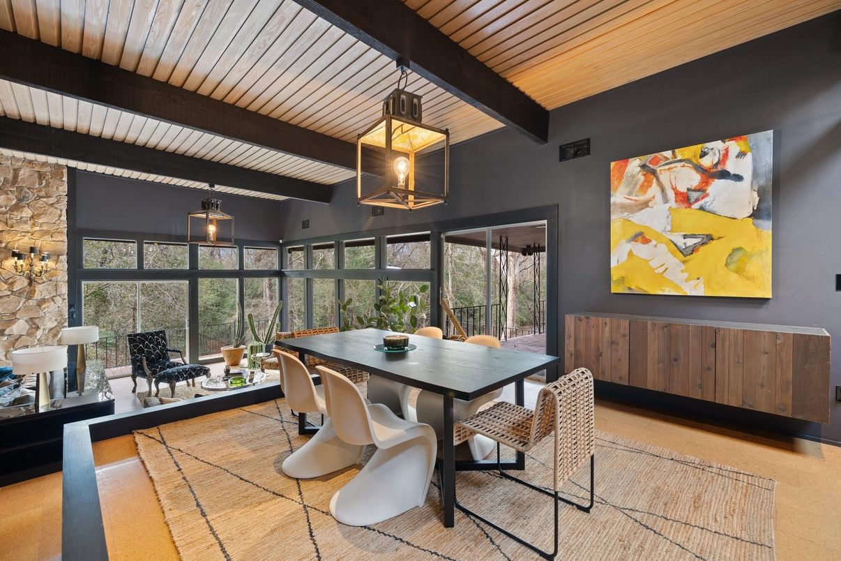 Dining room, Interior, Pendant Lights, Stone Walls, Wooden Beams, Wooden Ceilings