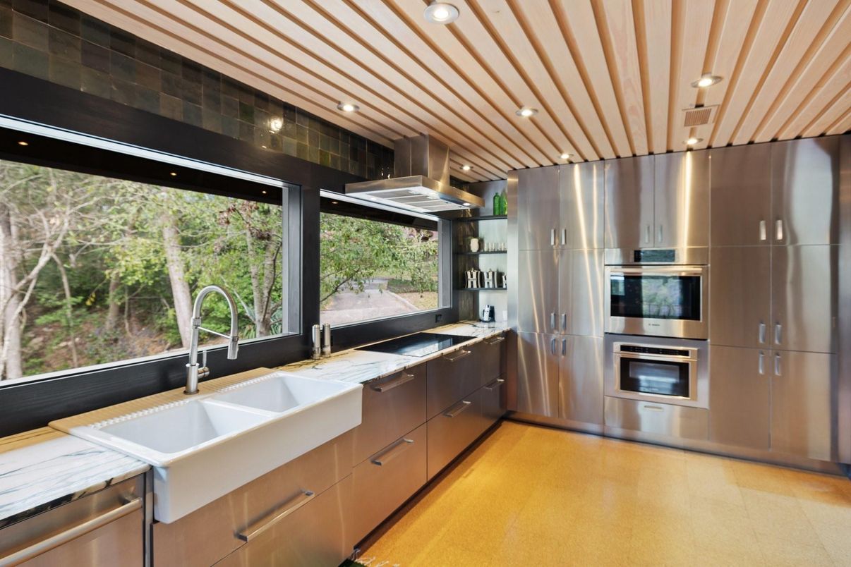 Interior, Kitchen, Recessed Lighting, Stainless Steel Appliances, Wooden Ceilings, Wood Texture Flooring