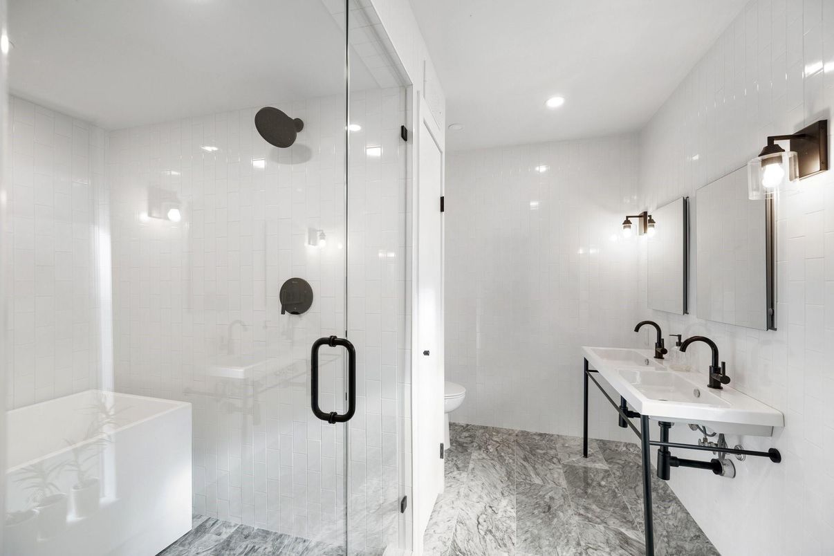 Bathroom, Glass Shower, Interior, Marble, Recessed Lighting