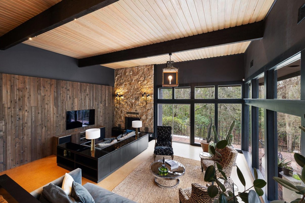 Fireplace, Interior, Living room, Pendant Lights, Stone Walls, Wooden Beams, Wooden Ceilings, Wooden Walls