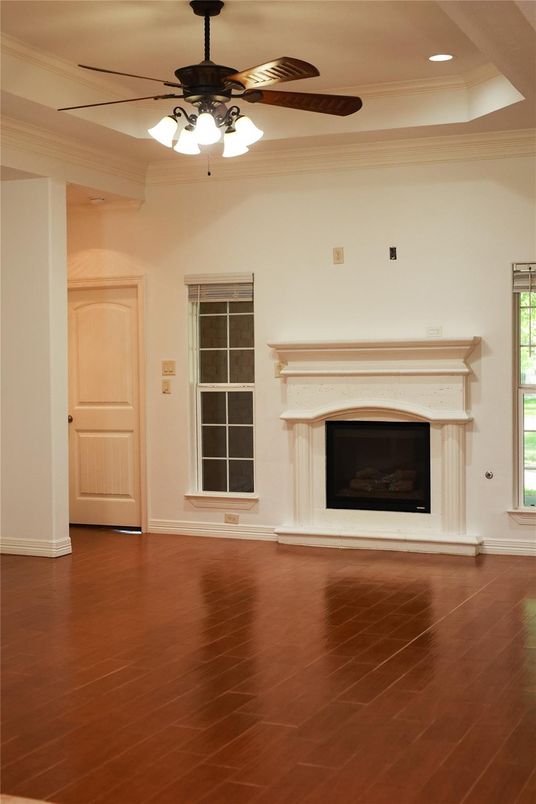 Empty room, Fireplace, Interior, Recessed Lighting, Wood Texture Flooring