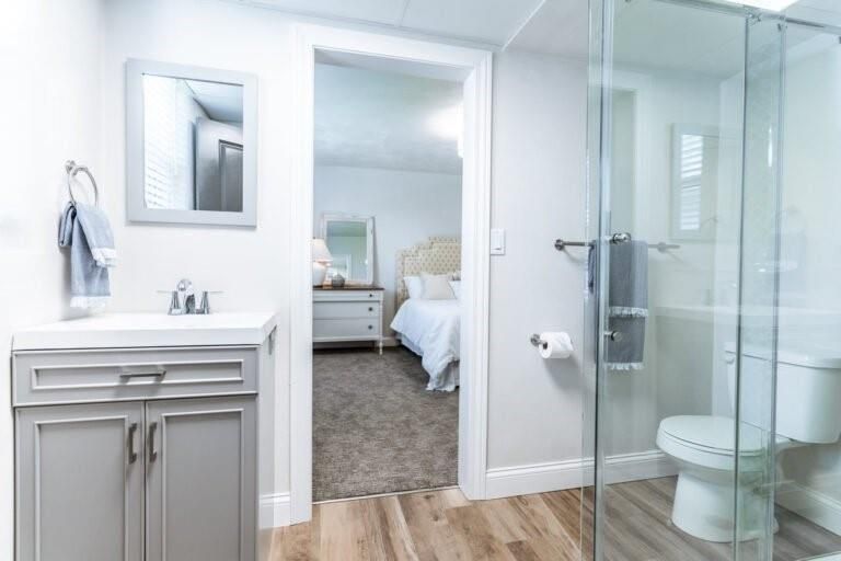 Bathroom, Bedroom, Glass Shower, Interior, Wood Texture Flooring