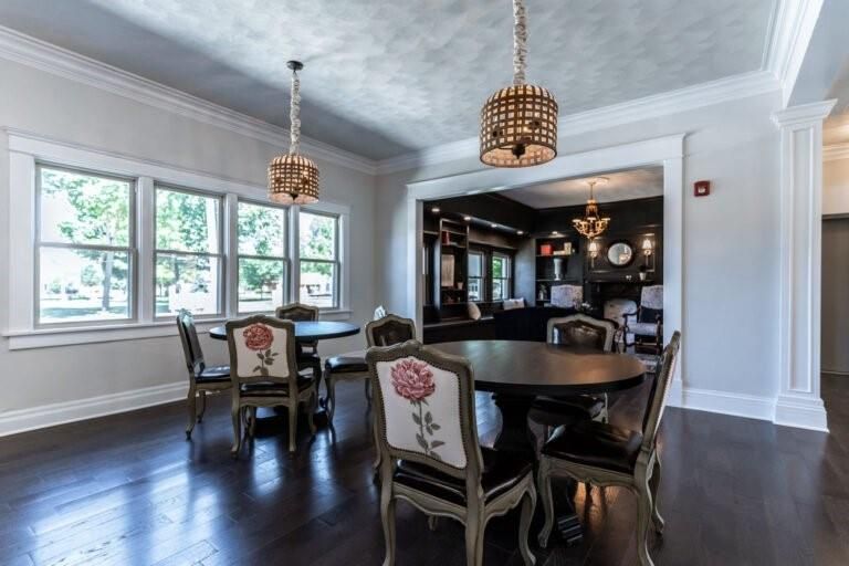 Chandelier, Dining room, Interior, Pendant Lights, Wood Texture Flooring