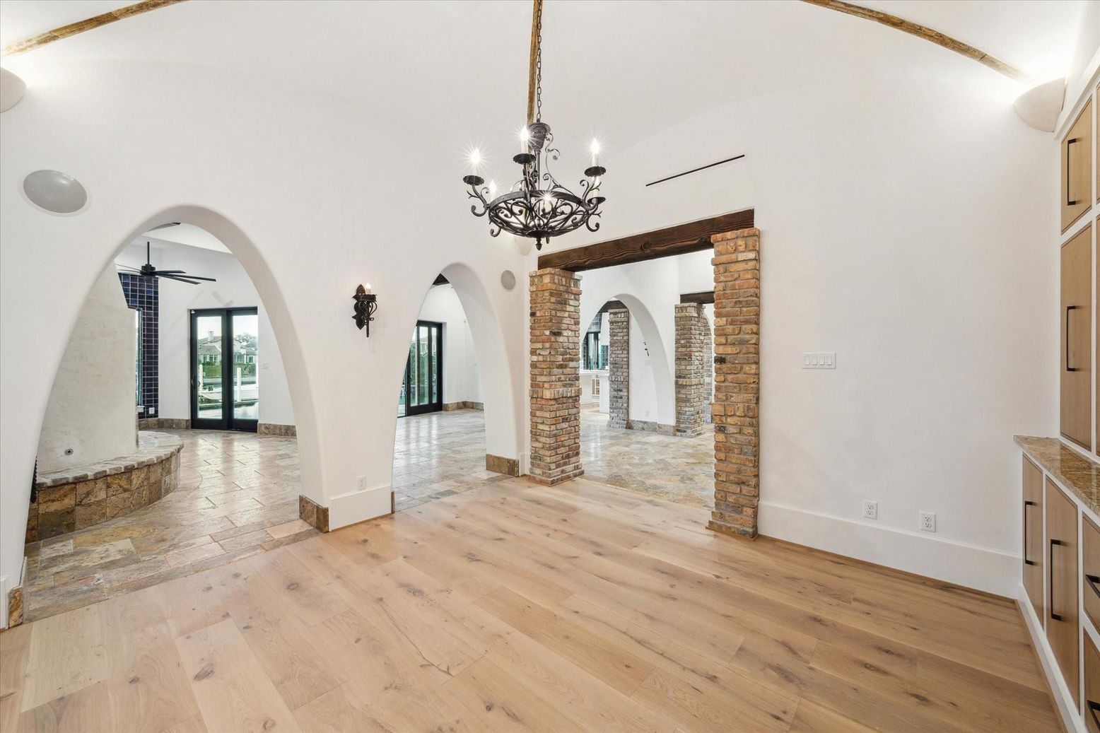 Chandelier, Empty room, Interior, Stone Walls, Wood Texture Flooring