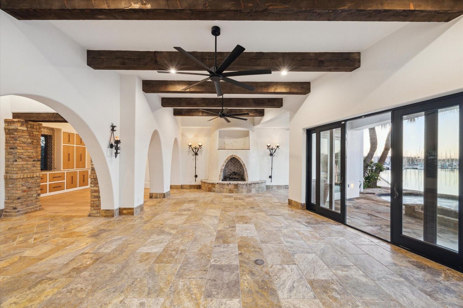 Fireplace, Interior, Pendant Lights, Recessed Lighting, Wooden Beams