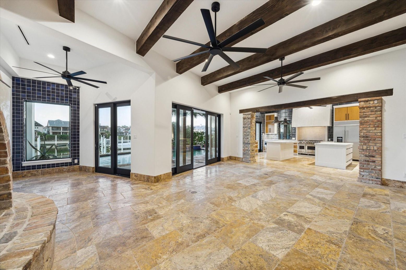 Interior, Recessed Lighting, Stone Walls, Wooden Beams