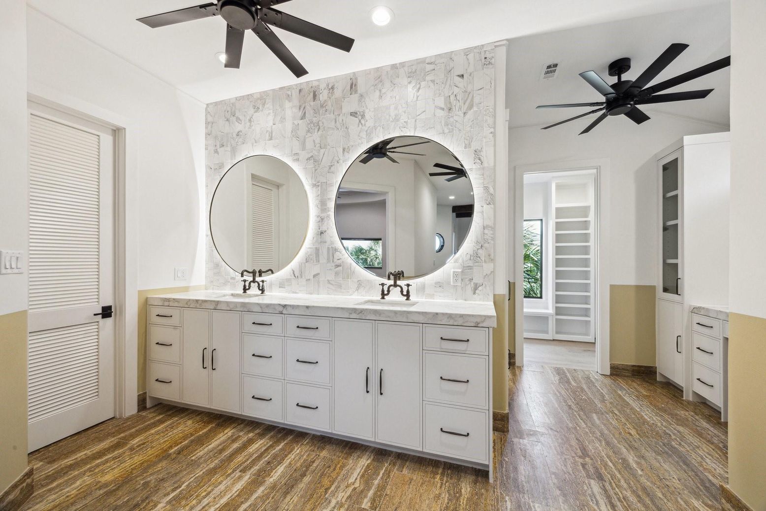 Bathroom, Dual Sink Vanities, Interior, Recessed Lighting, Wood Texture Flooring