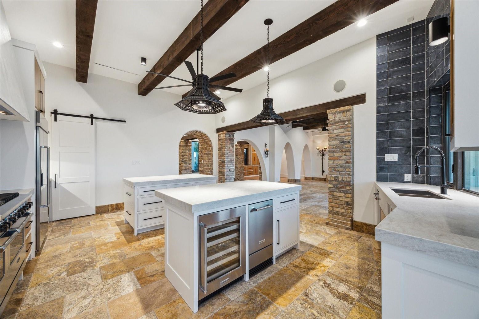 Interior, Kitchen, Pendant Lights, Recessed Lighting, Stainless Steel Appliances, Stone Walls, Wooden Beams