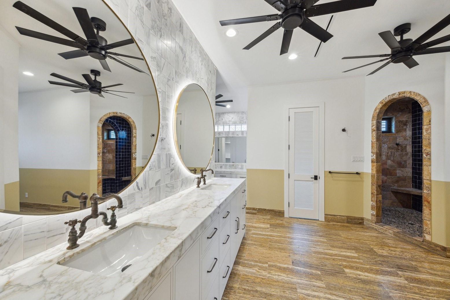 Bathroom, Dual Sink Vanities, Interior, Recessed Lighting, Wood Texture Flooring