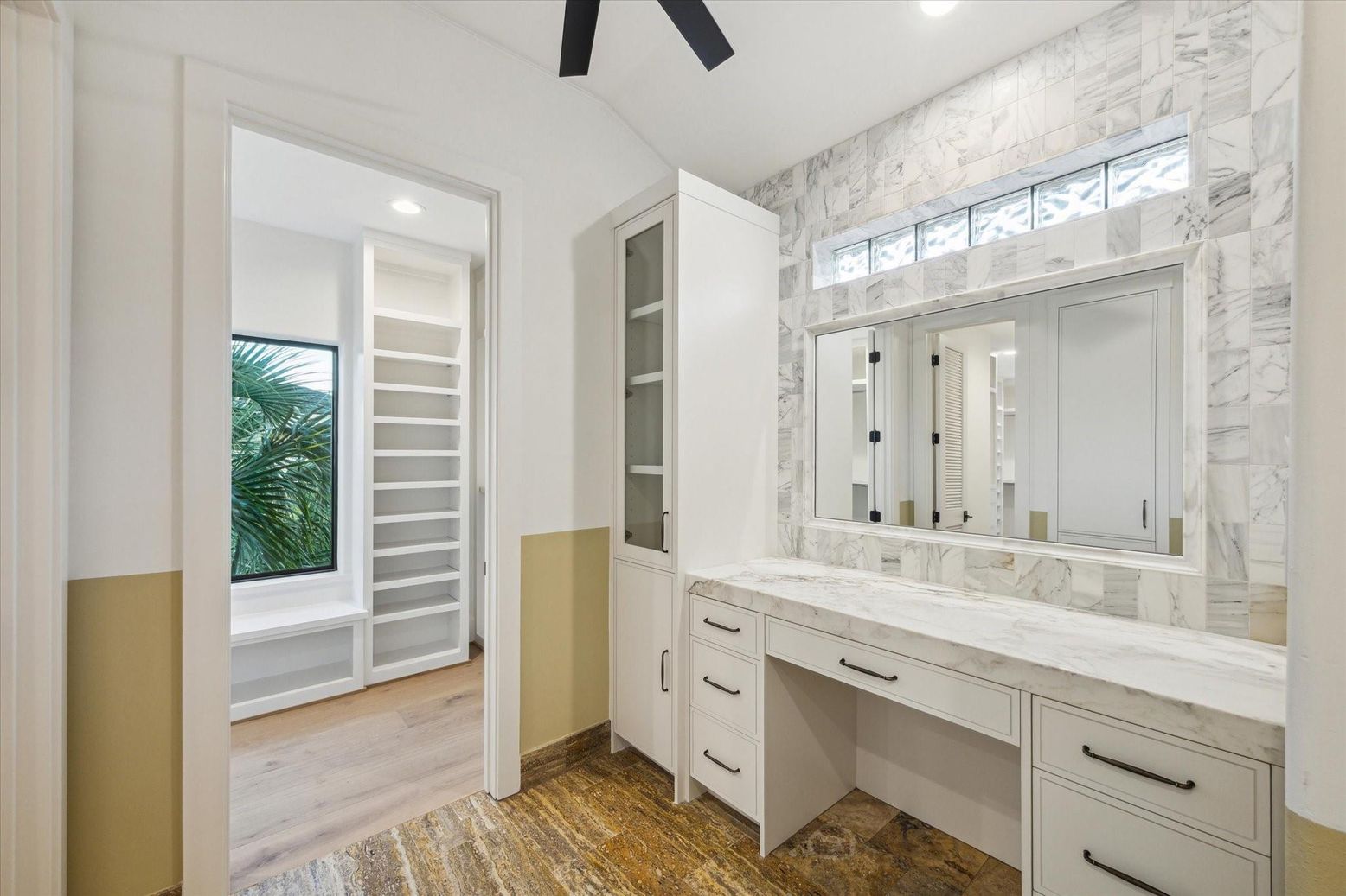 Bathroom, Interior, Marble Walls, Recessed Lighting, Wood Texture Flooring