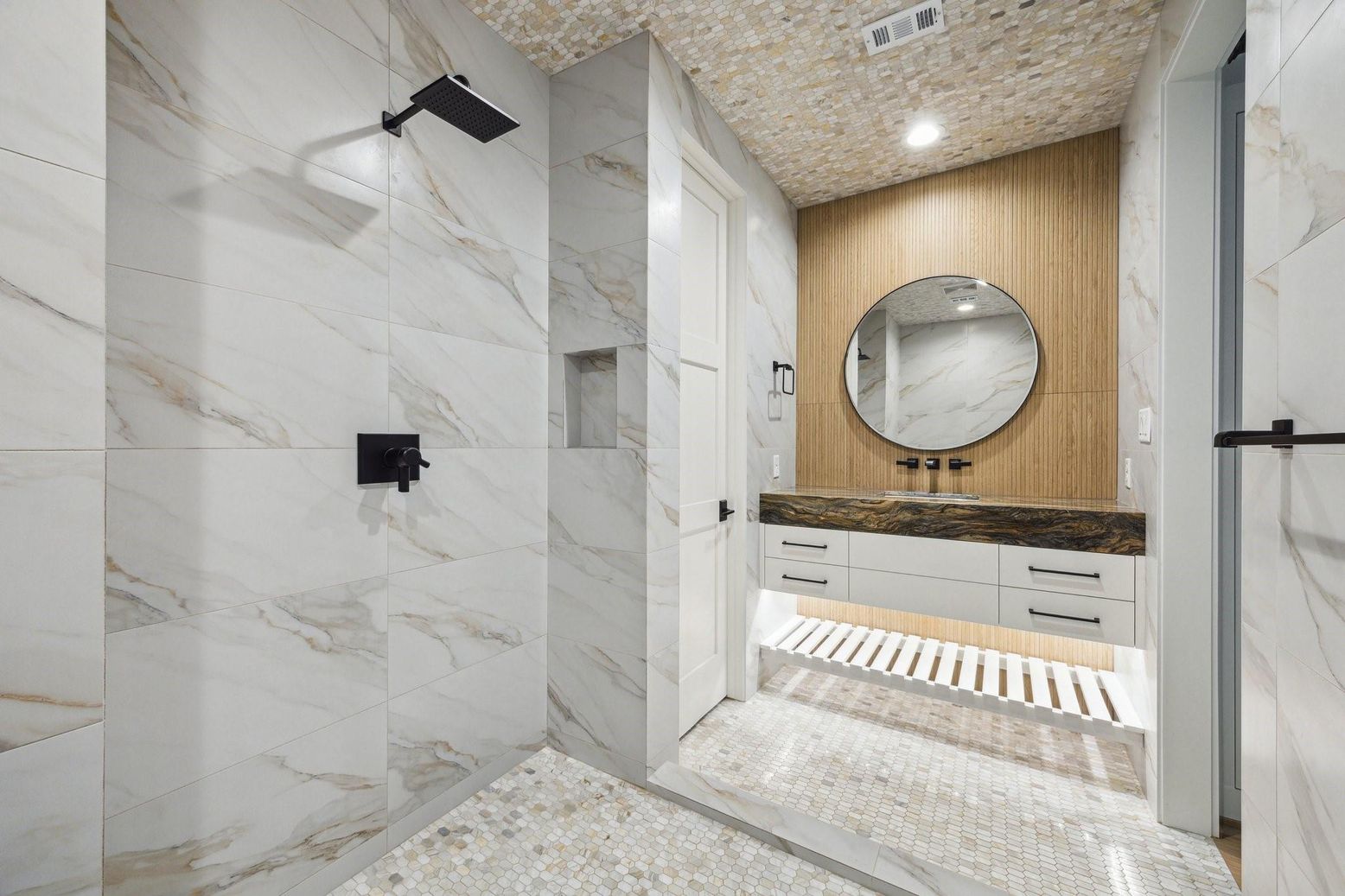 Bathroom, Interior, Marble Walls, Recessed Lighting