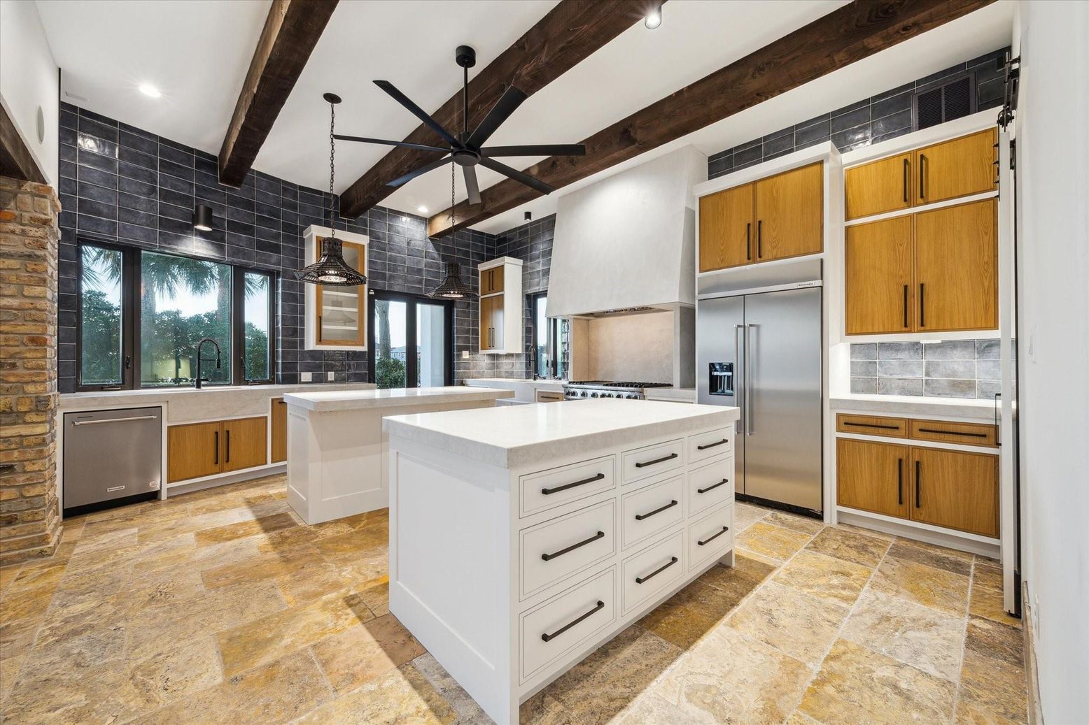 Interior, Kitchen, Pendant Lights, Recessed Lighting, Stainless Steel Appliances, Stone Walls, Wooden Beams