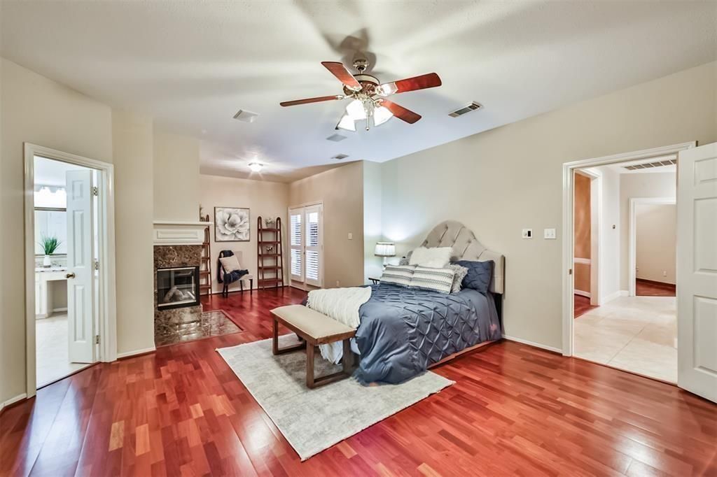 Bedroom, Fireplace, Interior, Wood Texture Flooring