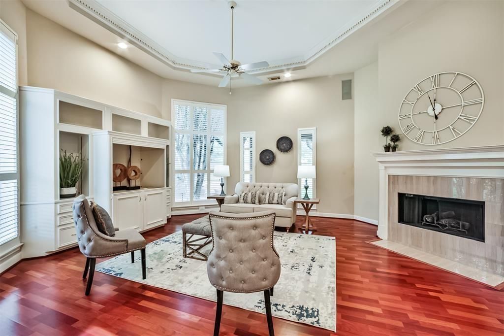 Fireplace, Interior, Living room, Recessed Lighting, Wood Texture Flooring