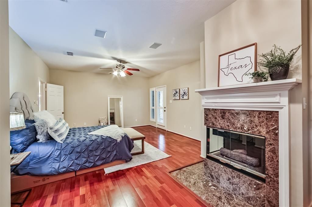 Bedroom, Fireplace, Interior, Wood Texture Flooring