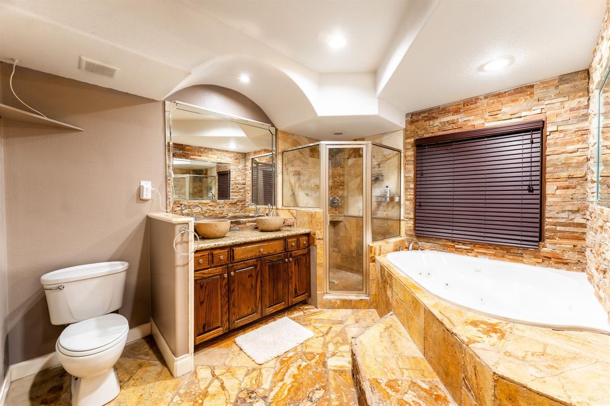 Bathroom, Glass Shower, Interior, Recessed Lighting, Stone Walls